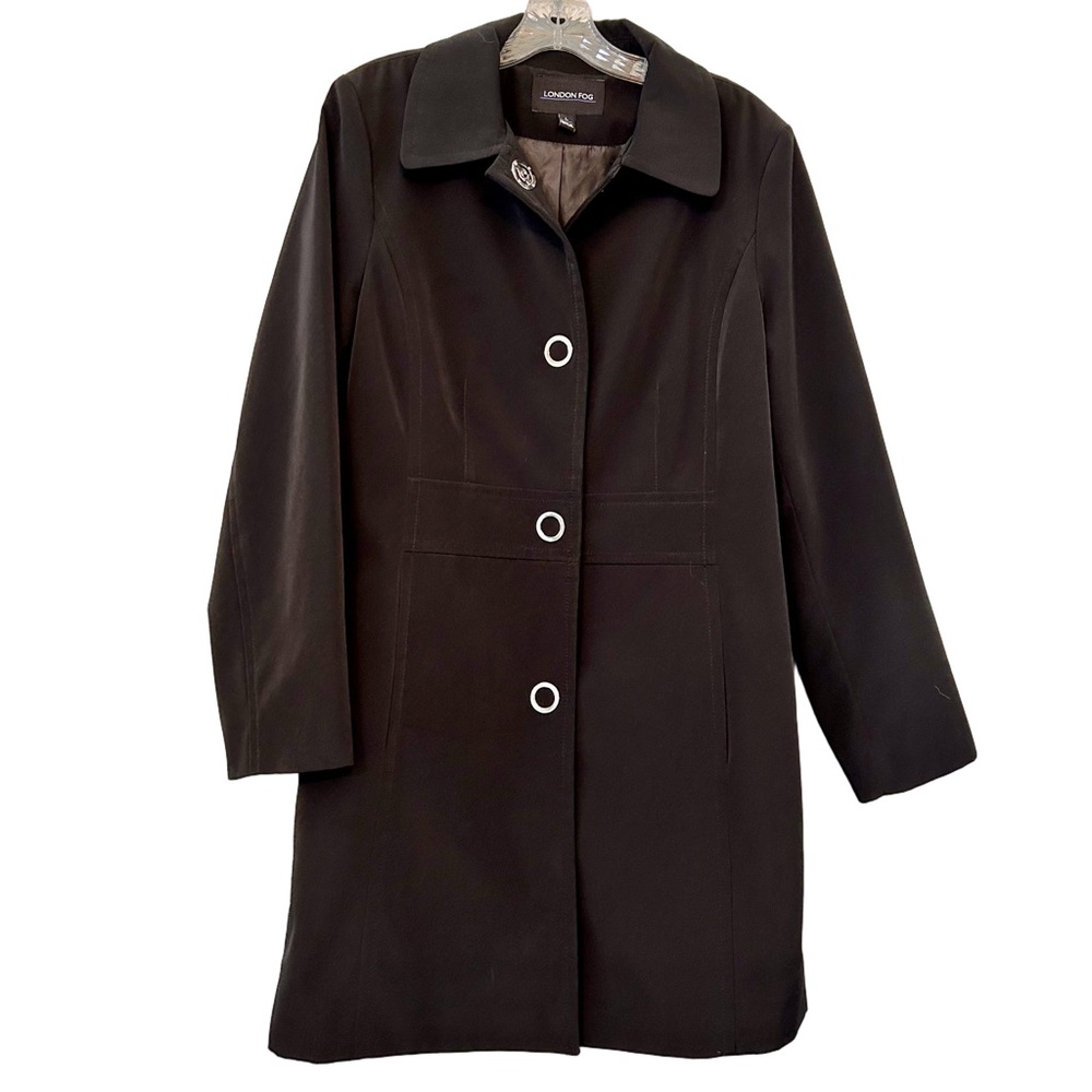 London Fog Women’s Black Raincoat Size Large Single Breasted Snap Closure